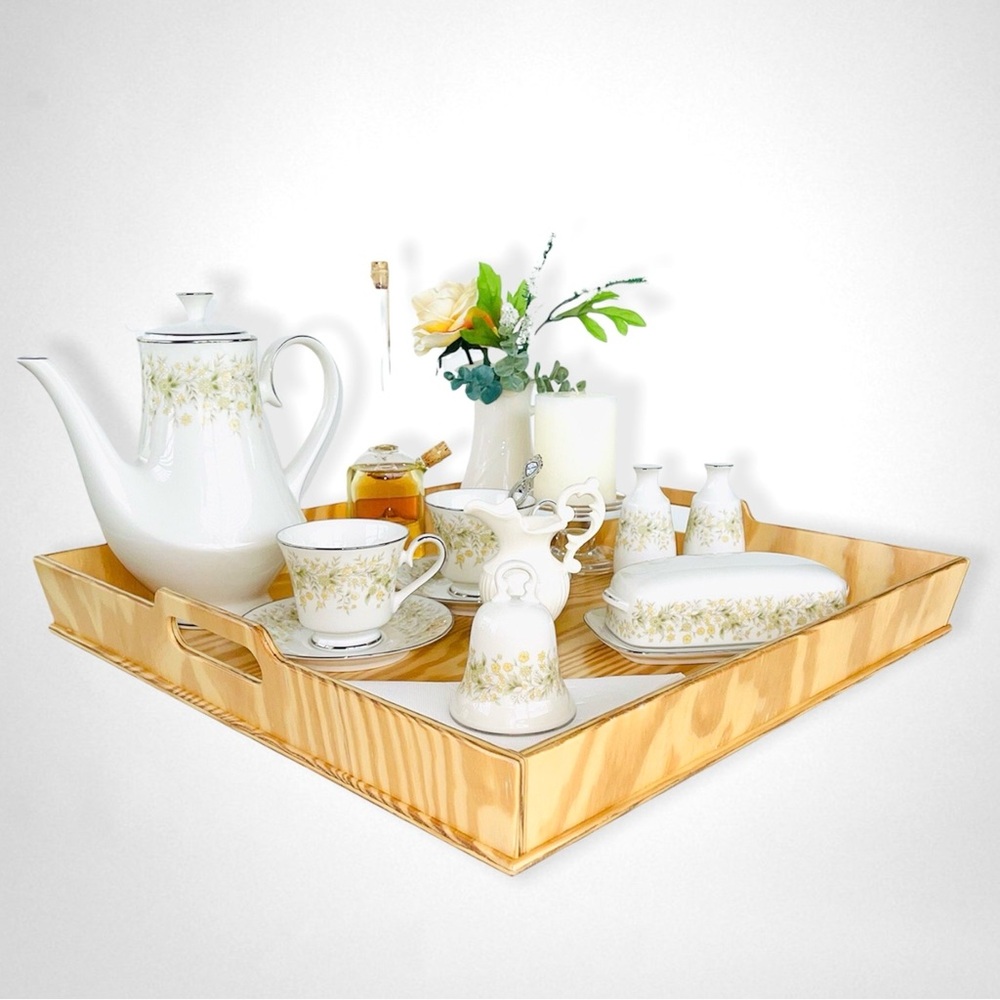 HANDMADE Tray Rustic Yellow Natural Pinewood Handles Large Square Made in USA